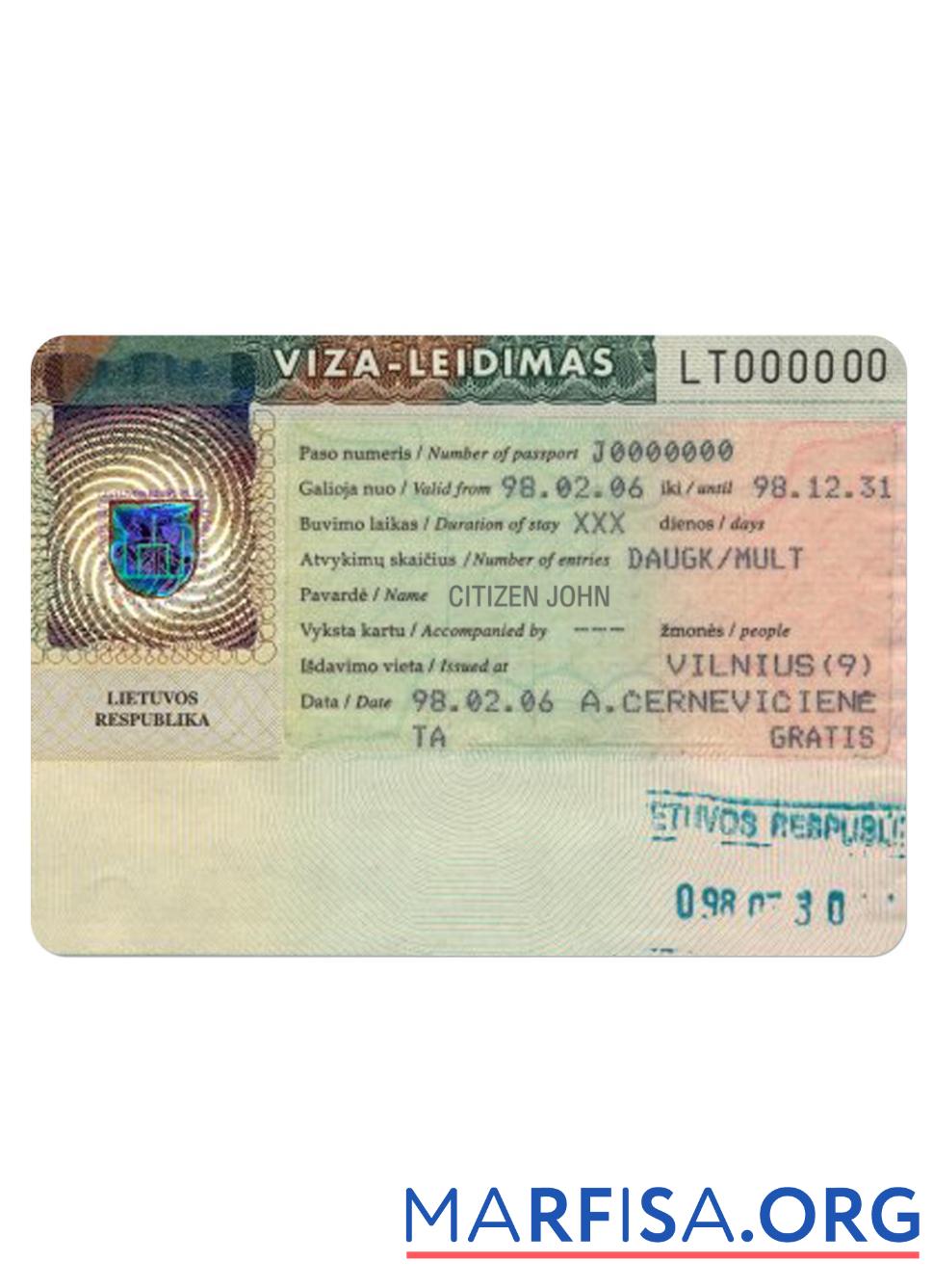 Blank Lithuania travel visa example